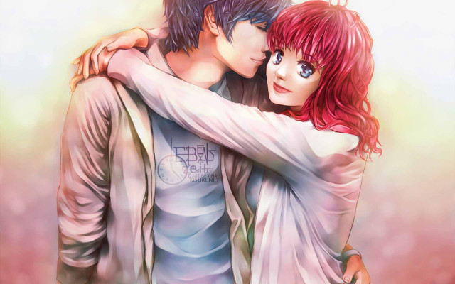 Couple hugging blurry background flowers free wallpaper - medium preview image