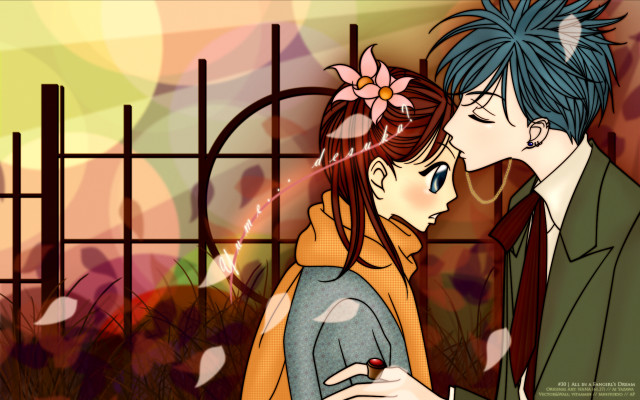 Man woman kissing gate flowers free wallpaper - medium preview image