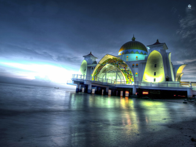 Pier lit building night cloudy free wallpaper - medium preview image