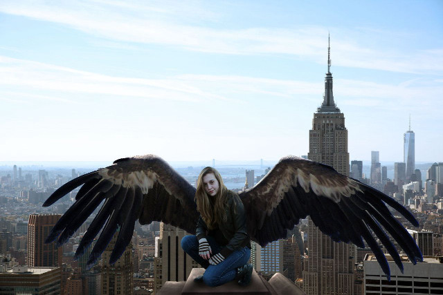 Woman wings sitting ledge city free wallpaper - medium preview image
