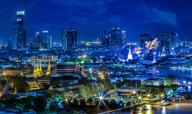 City skyline fireworks river night free wallpaper - medium preview image