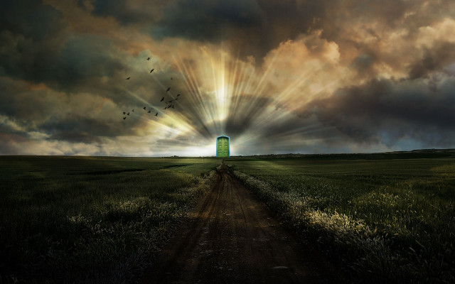 Green tower cloudy sky birds free wallpaper - medium preview image