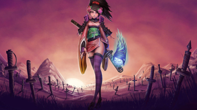 Woman sword bird grass rocks free wallpaper - medium preview image