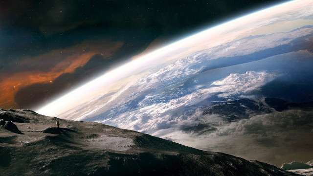 Distant planet mountain man space free wallpaper - medium preview image