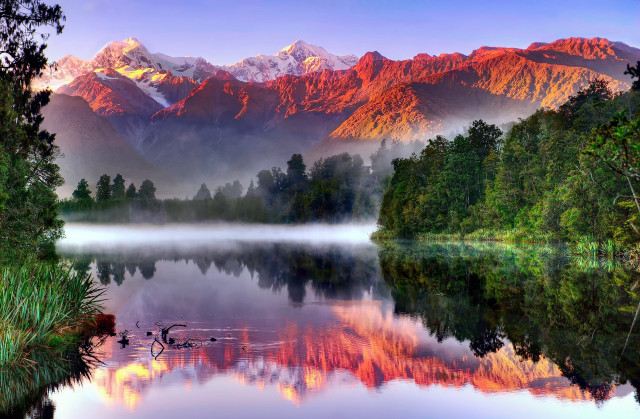Lake mountains foggy sky birds free wallpaper - medium preview image