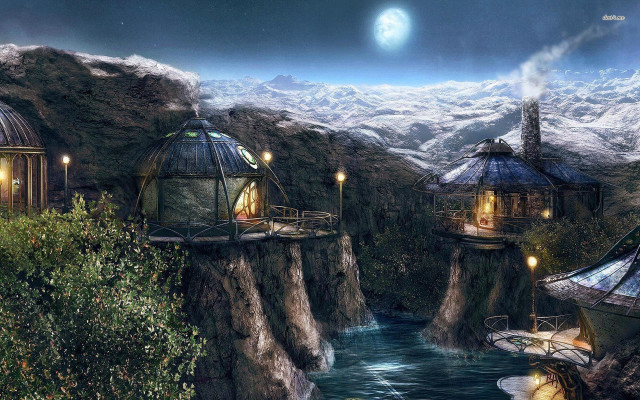 Futuristic landscape river mountain range free wallpaper - medium preview image