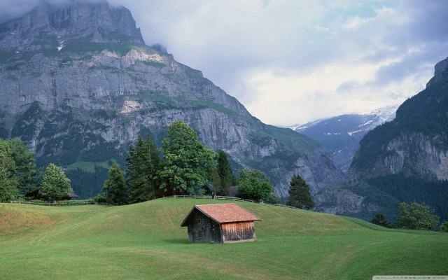 Small cabin field mountains clouds free wallpaper - medium preview image