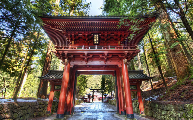 Red pagoda forest walkway benches free wallpaper - medium preview image