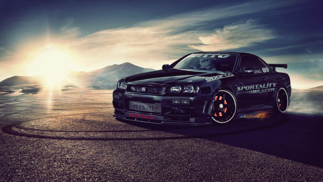 Black car orange wheels mountains free wallpaper - medium preview image