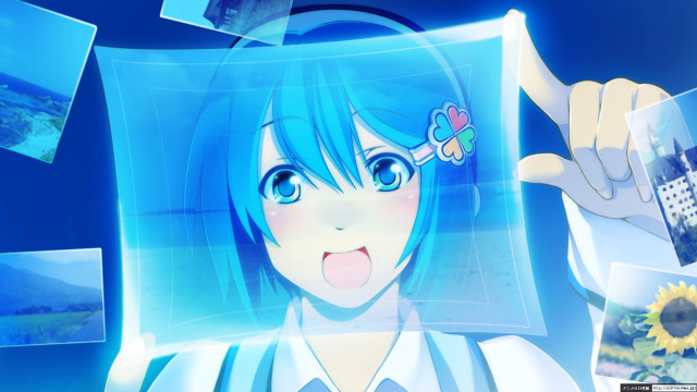 Girl blue hair holding picture free wallpaper - medium preview image