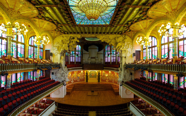 Auditorium stainedglass chandelier artnouveau cityscape free wallpaper - medium preview image