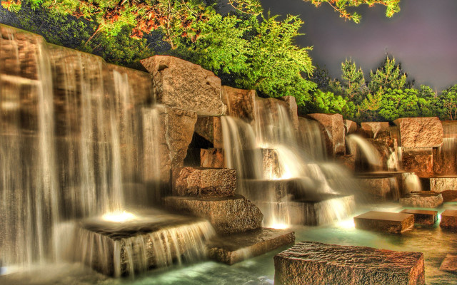 Waterfall bench tree sky architecture free wallpaper - medium preview image