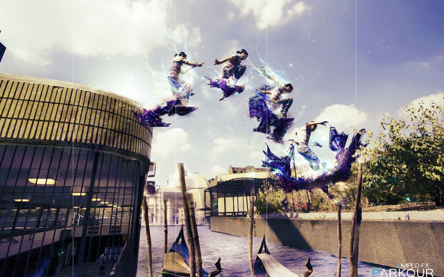 Skateboarders bridge water sky background free wallpaper - medium preview image