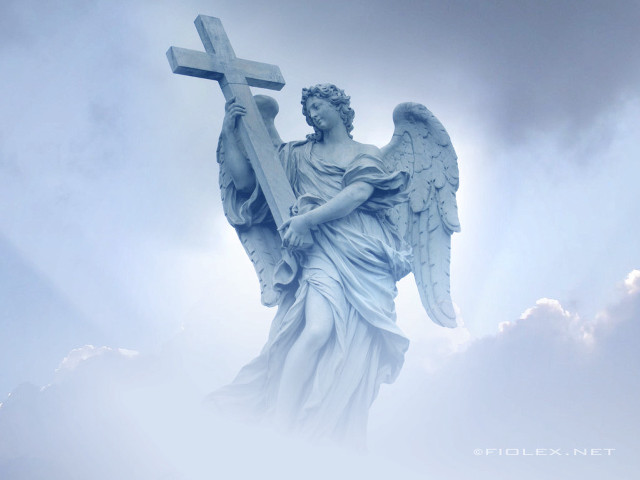 Angel statue holding cross clouds free wallpaper - medium preview image