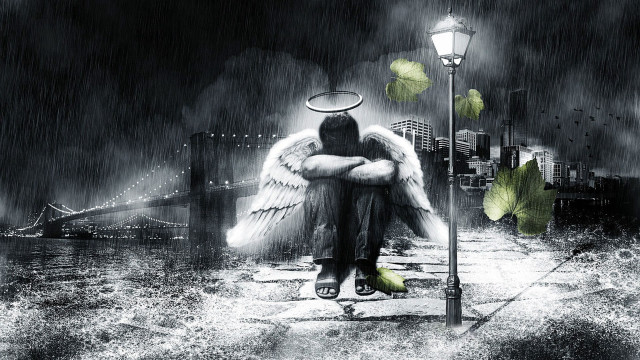 Man wings bench lamppost bridge free wallpaper - medium preview image