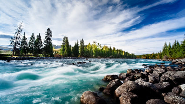 River rocks trees mountain blue free wallpaper - medium preview image