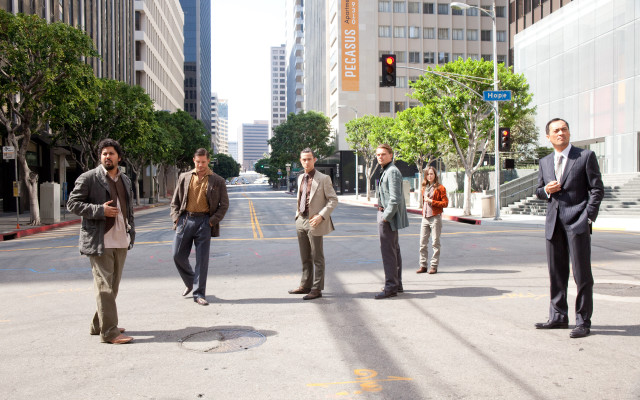 Men standing city street buildings free wallpaper - medium preview image