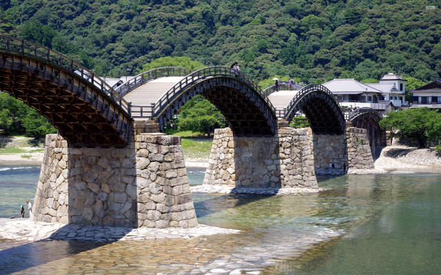 Bridge river building mountain trees free wallpaper - medium preview image