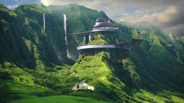 Futuristic building mountain waterfall background free wallpaper - medium preview image