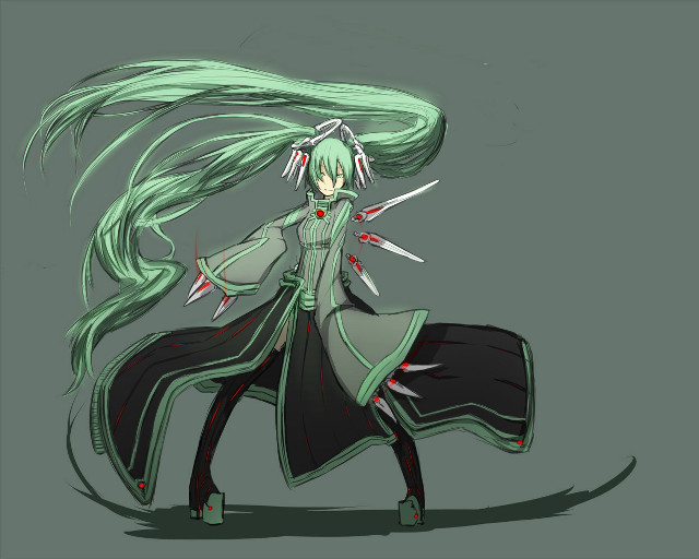 Woman green hair swords dress free wallpaper - medium preview image