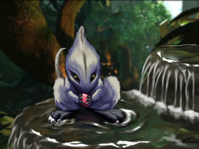 Cartoon cat pond waterfall person free wallpaper - medium preview image