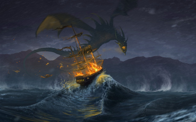 Dragon attack ship ocean night free wallpaper - medium preview image