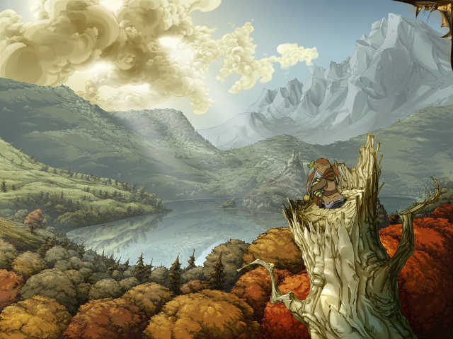 Man sitting tree stump mountains free wallpaper - medium preview image