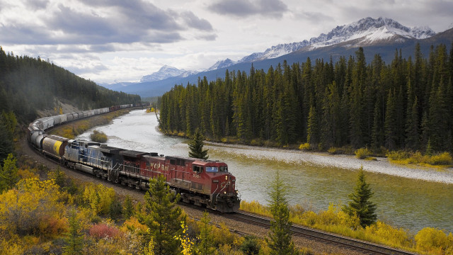 Train river forest mountains cloudy free wallpaper - medium preview image