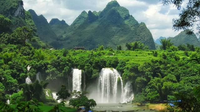 Waterfall lush forest mountain blue free wallpaper - medium preview image