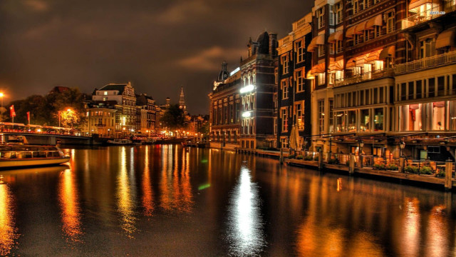 River boat buildings night lights free wallpaper - medium preview image