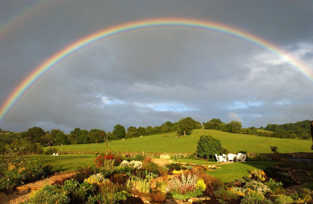 Rainbow green field house trees free wallpaper - medium preview image