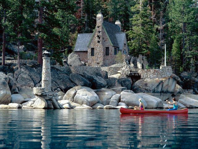 Couple red boat lake house free wallpaper - medium preview image