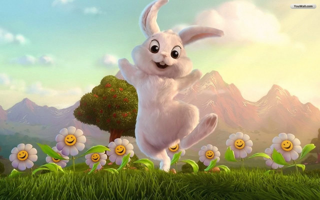 Cartoon bunny jumping field flowers free wallpaper - medium preview image
