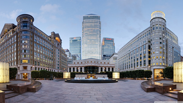 Courtyard bench fountain buildings dusk free wallpaper - medium preview image