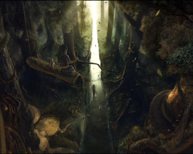 Person bench forest stream distance free wallpaper - medium preview image