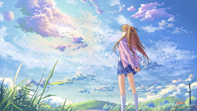 Girl standing platform sky clouds free wallpaper - medium preview image