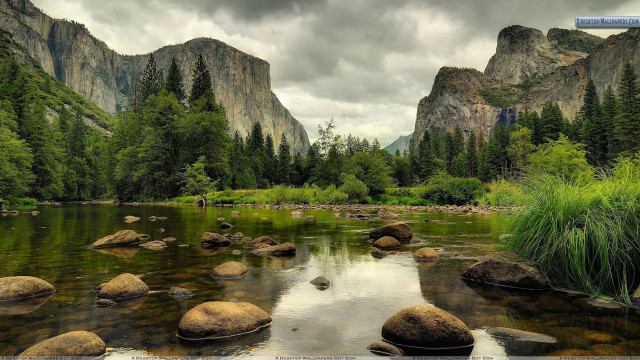 River rocks grass mountains cloudy #2 free wallpaper - medium preview image