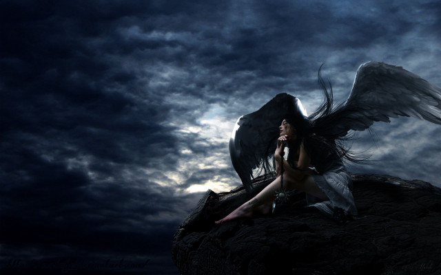 Woman wings sitting rock dark free wallpaper - medium preview image