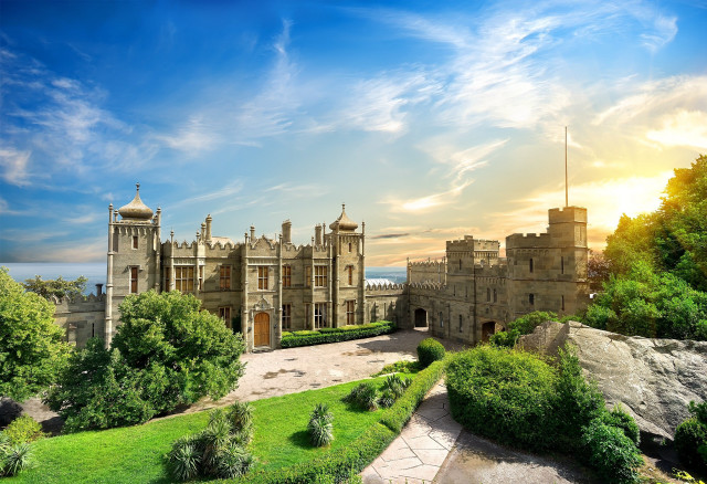 Castle tower clock grassy area free wallpaper - medium preview image