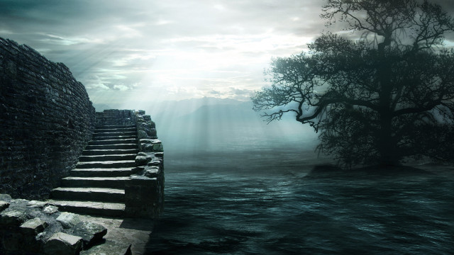 Stone wall tree stairway water free wallpaper - medium preview image