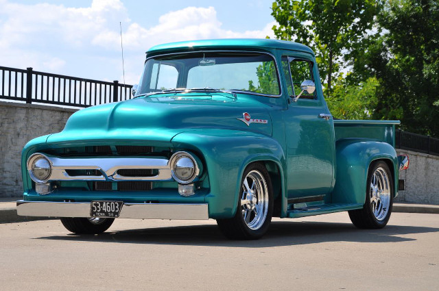 Blue truck road fence trees free wallpaper - medium preview image