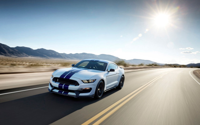 White mustang highway mountains sunshine free wallpaper - medium preview image