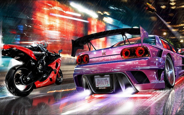 Pink car red motorcycle city free wallpaper - medium preview image