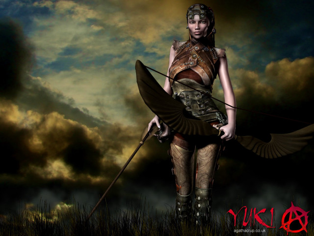 Woman costume sword bird field free wallpaper - medium preview image