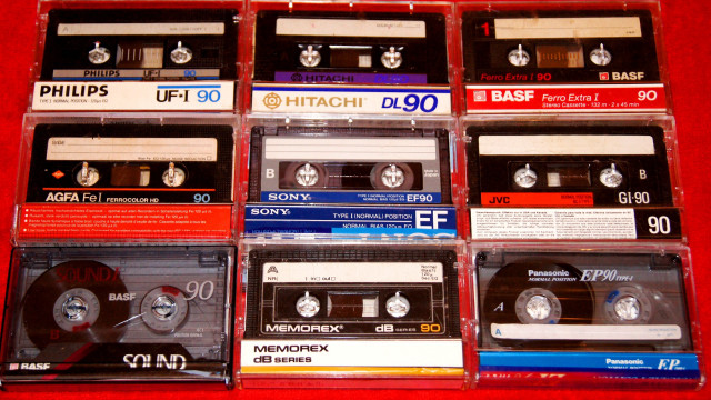 Cassettes stacked table labels free wallpaper - medium preview image