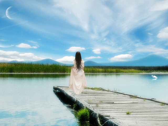 Woman dock water boat sky free wallpaper for desktop - medium preview image