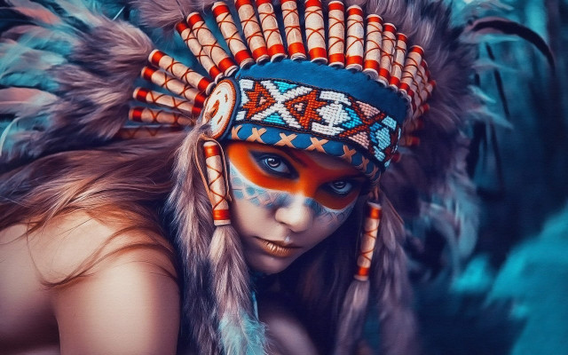 Woman feather headdress feathers head free wallpaper - medium preview image