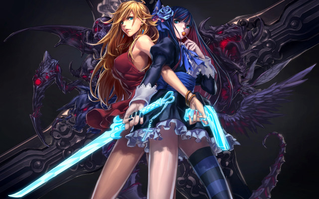 Anime characters swords wings couple free wallpaper - medium preview image