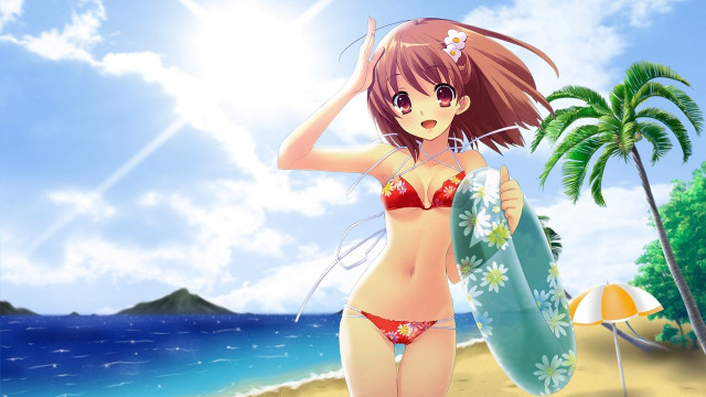 Woman bikini surfboard beach palm free wallpaper - medium preview image