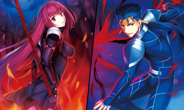 Anime characters blue red swords free wallpaper - medium preview image